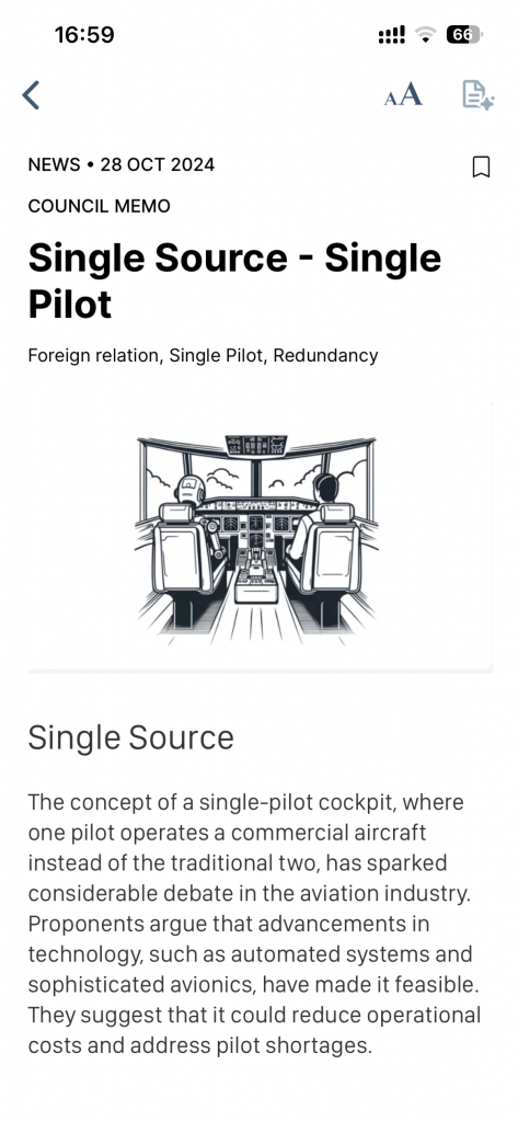 2Way mobile app displaying a council memo titled “Single Source – Single Pilot”, dated 28 October 2024.